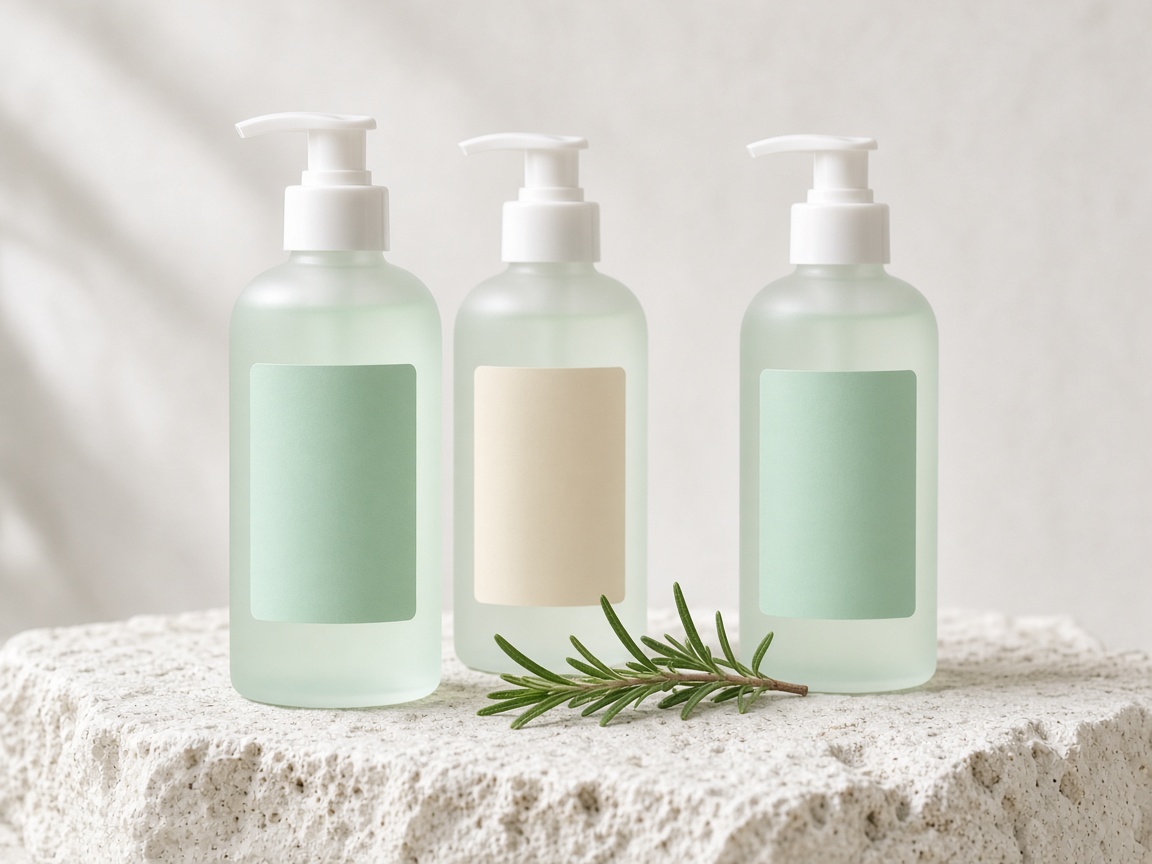 Three frosted pump bottles of pale mint solution on limestone, with rosemary
