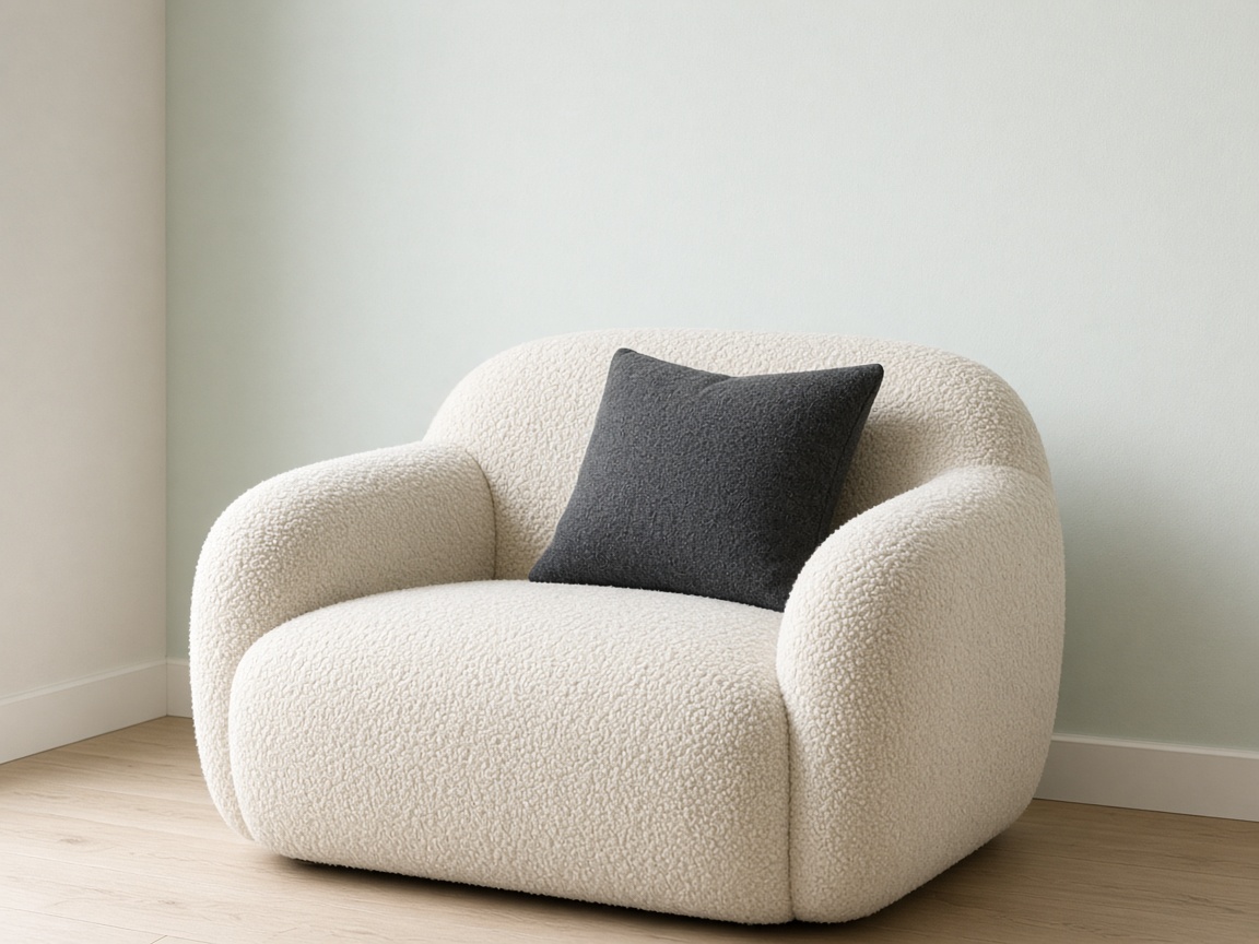Cream boucle armchair with a charcoal cushion against a pale wall