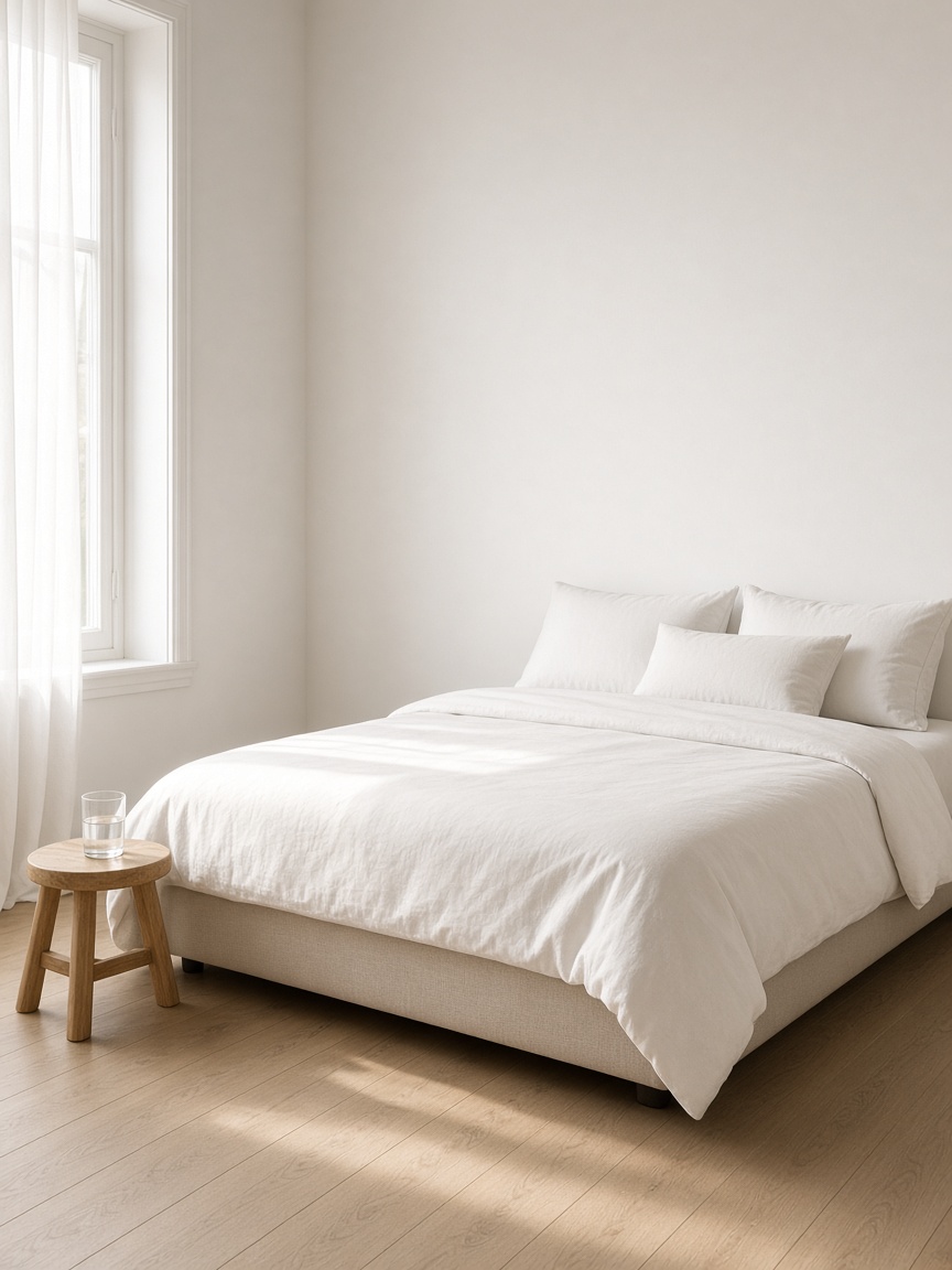 White percale bed with the corner turned down to show a clean mattress