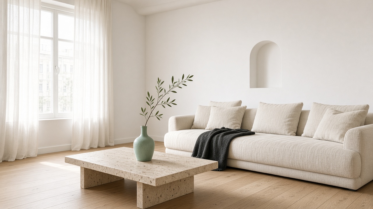 Cream linen sofa in a bright white Tel Aviv living room, with a charcoal throw and a mint vase
