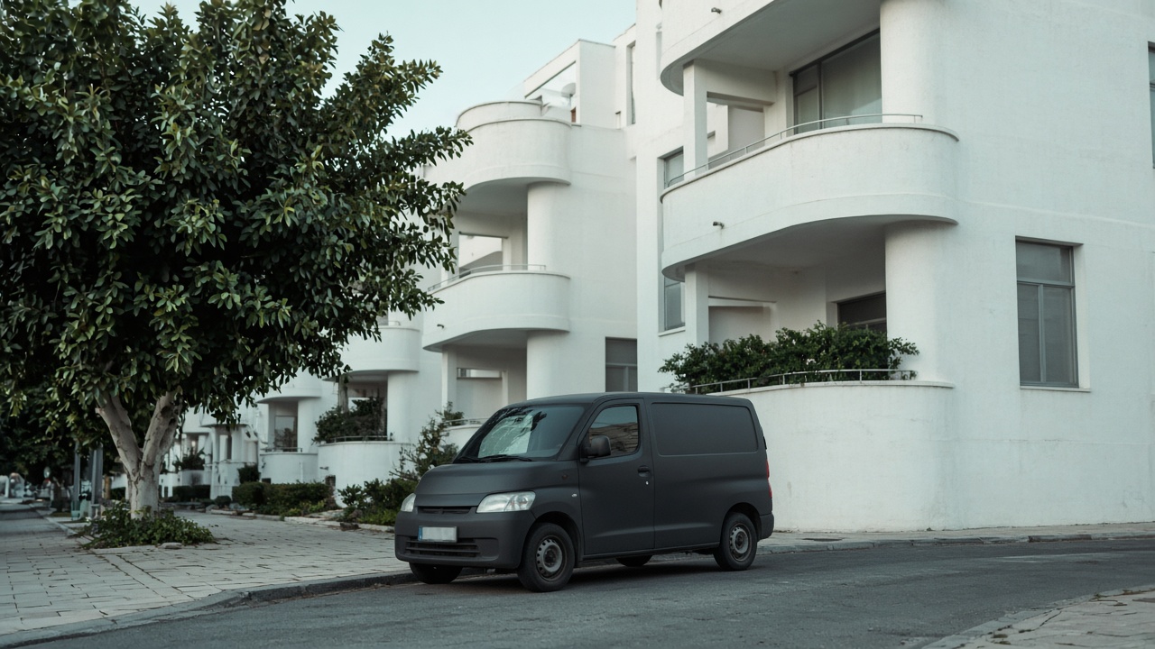 Matte charcoal van parked on a white Bauhaus street in Tel Aviv